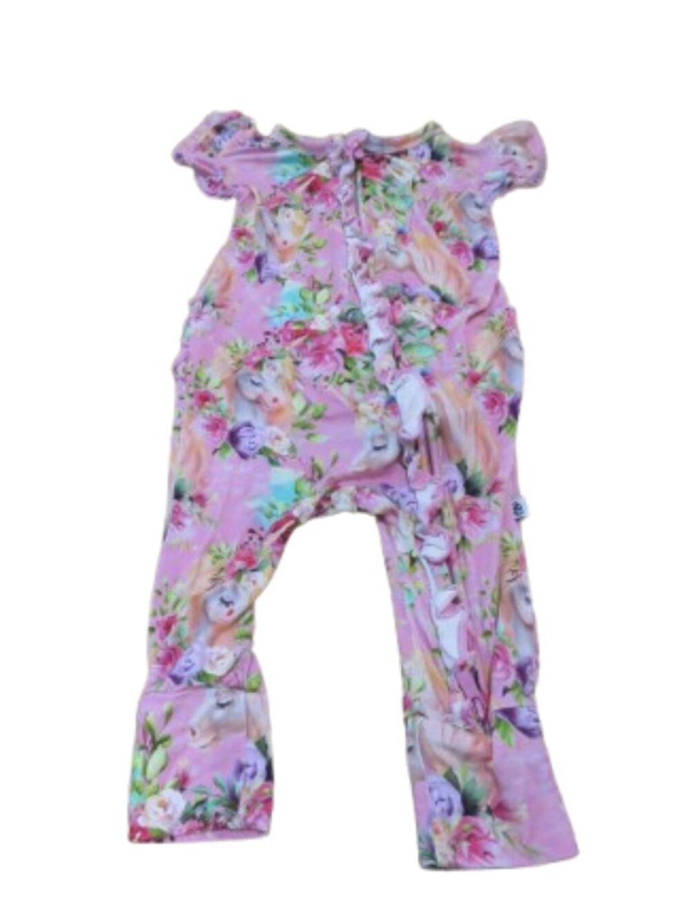 LITTLE BUM BUMS Horn to be Wild Unicorn Ruffle Baby Romper Bamboo 6-9 Months